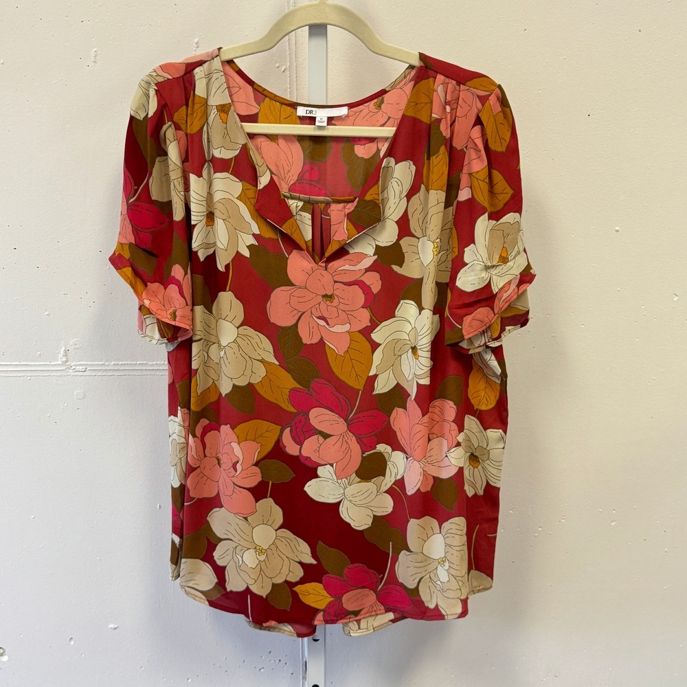DR2 Floral Split V-Neck Blouse Red Pink Mustard XL ZDR12813PR1 Casual Summer